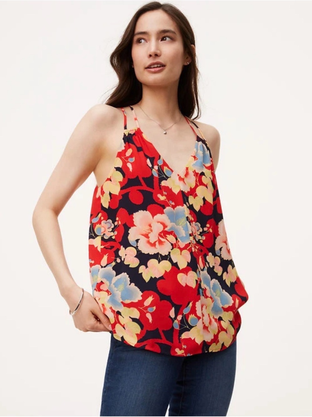 LOFT Petite Floral Strappy Cami Tank Top SP Navy Red Blue Sleeveless Blouse